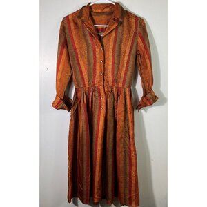 Womens Vintage Kerrybrooke 3/4‎ Sleeve Orange Brown Dress Button XS